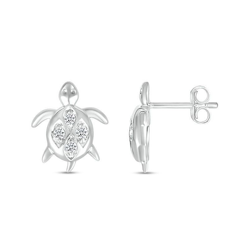 White Lab-Created Sapphire Quad in Marquise Frame Sea Turtle Stud Earrings in Sterling Silver