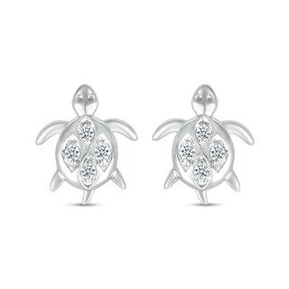 White Lab-Created Sapphire Quad in Marquise Frame Sea Turtle Stud Earrings in Sterling Silver