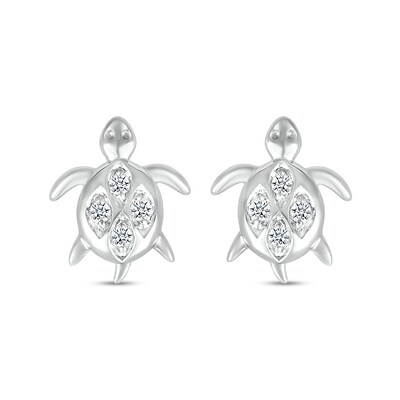 White Lab-Created Sapphire Quad in Marquise Frame Sea Turtle Stud Earrings in Sterling Silver