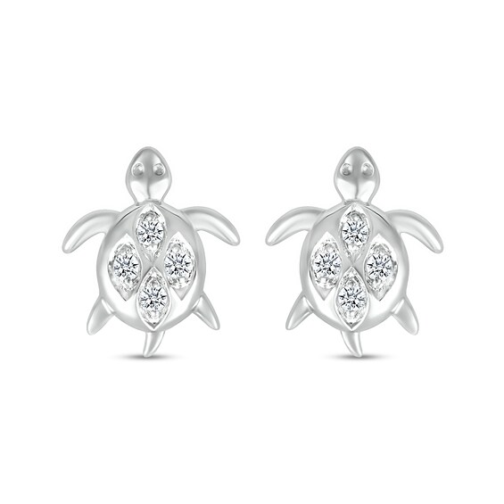 White Lab-Created Sapphire Quad in Marquise Frame Sea Turtle Stud Earrings in Sterling Silver