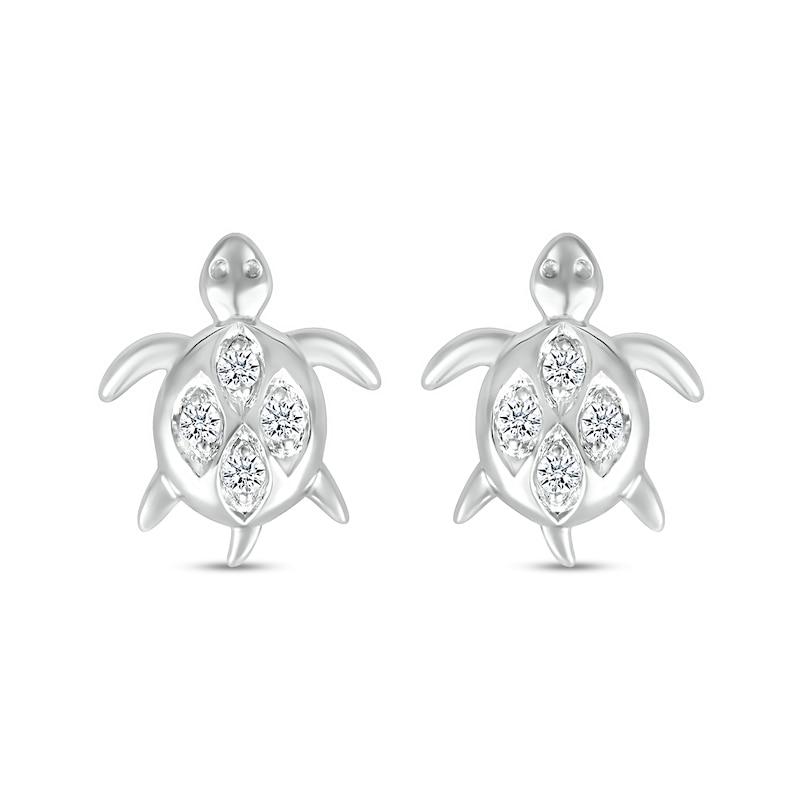 White Lab-Created Sapphire Quad in Marquise Frame Sea Turtle Stud Earrings in Sterling Silver