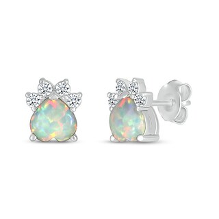 6.0mm Heart-Shaped Lab-Created Opal and White Lab-Created Sapphire Paw Print Stud Earrings in Sterling Silver