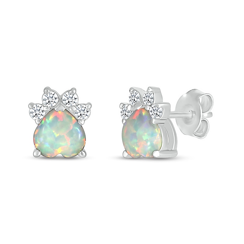 6.0mm Heart-Shaped Lab-Created Opal and White Lab-Created Sapphire Paw Print Stud Earrings in Sterling Silver|Peoples Jewellers