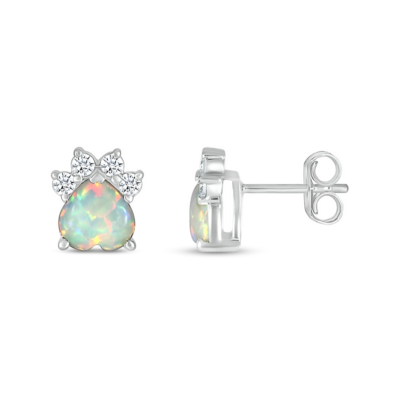 Main Image 2 of 6.0mm Heart-Shaped Lab-Created Opal and White Lab-Created Sapphire Paw Print Stud Earrings in Sterling Silver