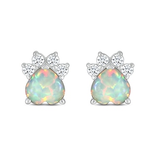 6.0mm Heart-Shaped Lab-Created Opal and White Lab-Created Sapphire Paw Print Stud Earrings in Sterling Silver