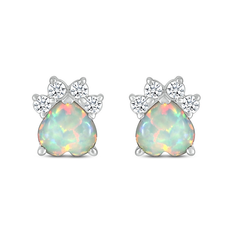 Main Image 3 of 6.0mm Heart-Shaped Lab-Created Opal and White Lab-Created Sapphire Paw Print Stud Earrings in Sterling Silver