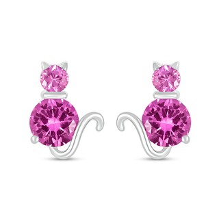Pink Lab-Created Sapphire Cat Stud Earrings in Sterling Silver