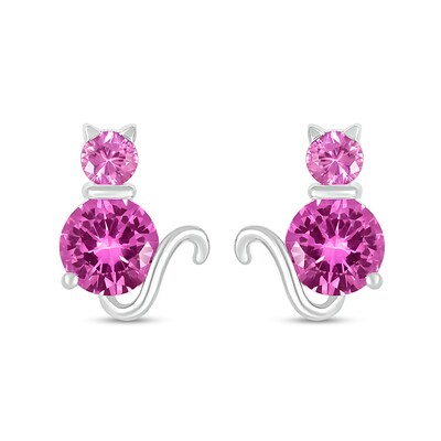 Pink Lab-Created Sapphire Cat Stud Earrings in Sterling Silver