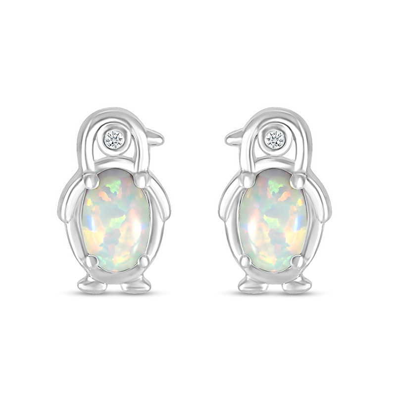 Main Image 3 of Oval Lab-Created Opal and Diamond Accent Penguin Outline Stud Earrings in Sterling Silver