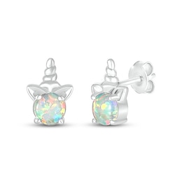 5.0mm Lab-Created Opal Solitaire Unicorn Stud Earrings in Sterling Silver