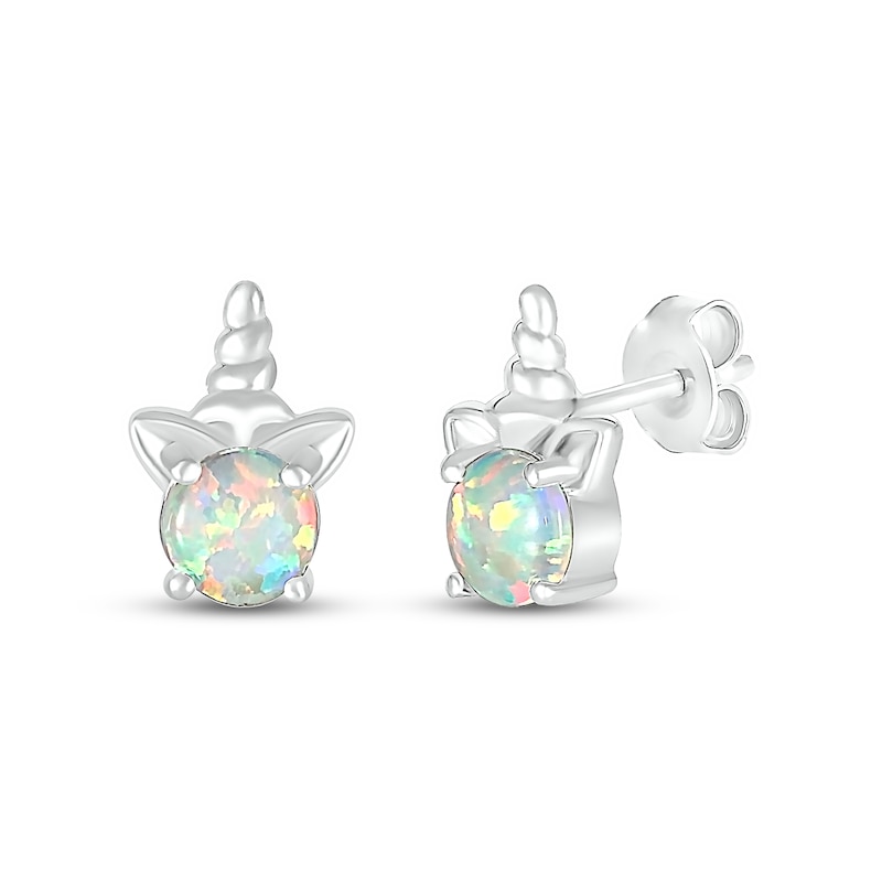 5.0mm Lab-Created Opal Solitaire Unicorn Stud Earrings in Sterling Silver|Peoples Jewellers