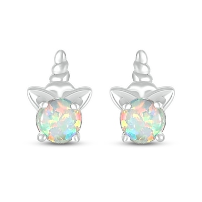 5.0mm Lab-Created Opal Solitaire Unicorn Stud Earrings in Sterling Silver