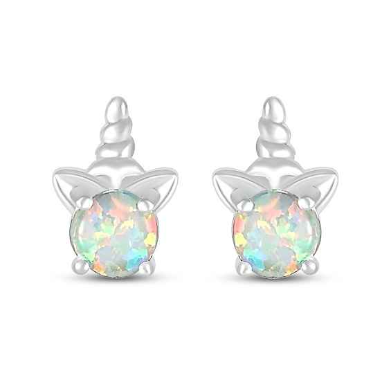 5.0mm Lab-Created Opal Solitaire Unicorn Stud Earrings in Sterling Silver