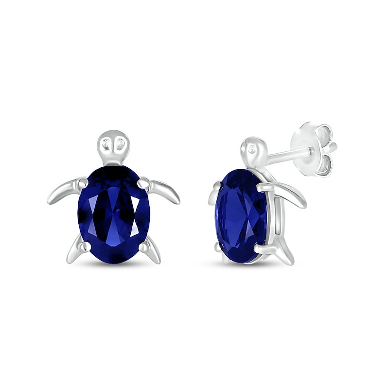 Oval Blue Lab-Created Sapphire Sea Turtle Stud Earrings in Sterling Silver|Peoples Jewellers