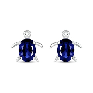 Oval Blue Lab-Created Sapphire Sea Turtle Stud Earrings in Sterling Silver