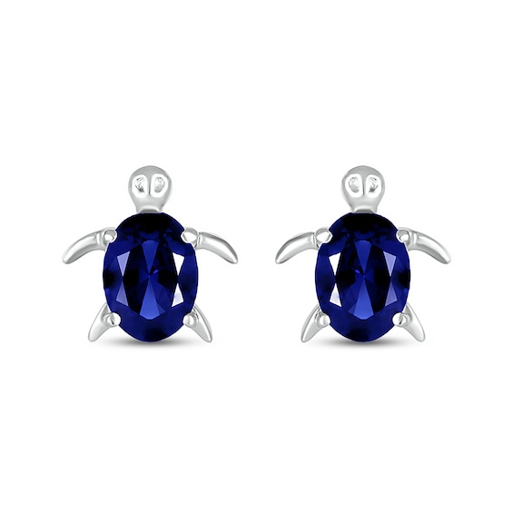 Oval Blue Lab-Created Sapphire Sea Turtle Stud Earrings in Sterling Silver