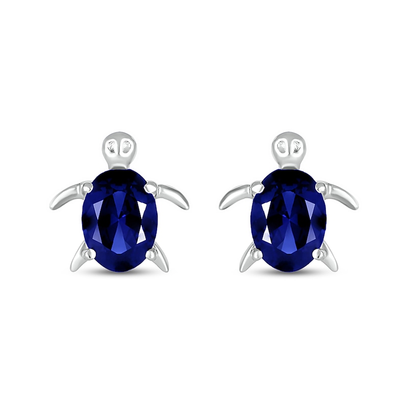 Oval Blue Lab-Created Sapphire Sea Turtle Stud Earrings in Sterling Silver