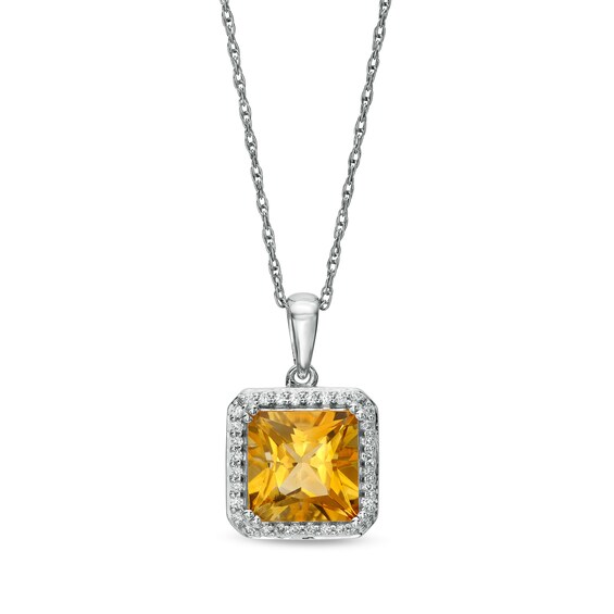 8.0mm Princess-Cut Citrine and 0.13 CT. T.W. Diamond Octagonal Frame Pendant in 10K White Gold