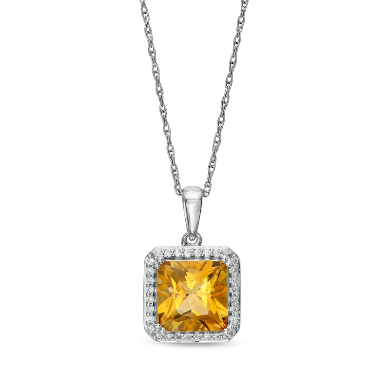 8.0mm Princess-Cut Citrine and 0.13 CT. T.W. Diamond Octagonal Frame Pendant in 10K White Gold