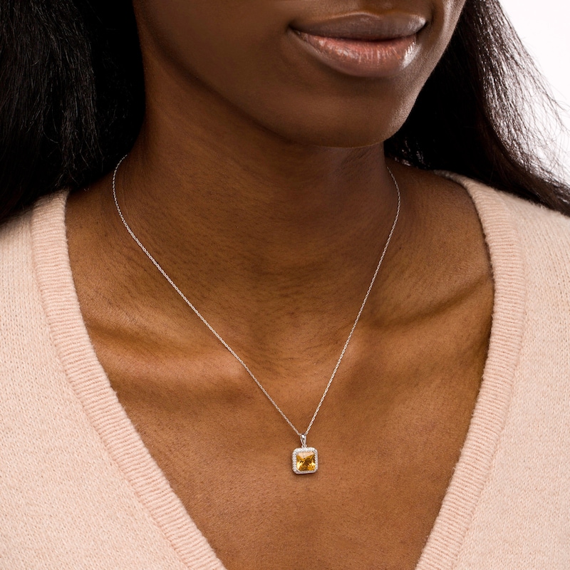 Main Image 2 of 8.0mm Princess-Cut Citrine and 0.13 CT. T.W. Diamond Octagonal Frame Pendant in 10K White Gold