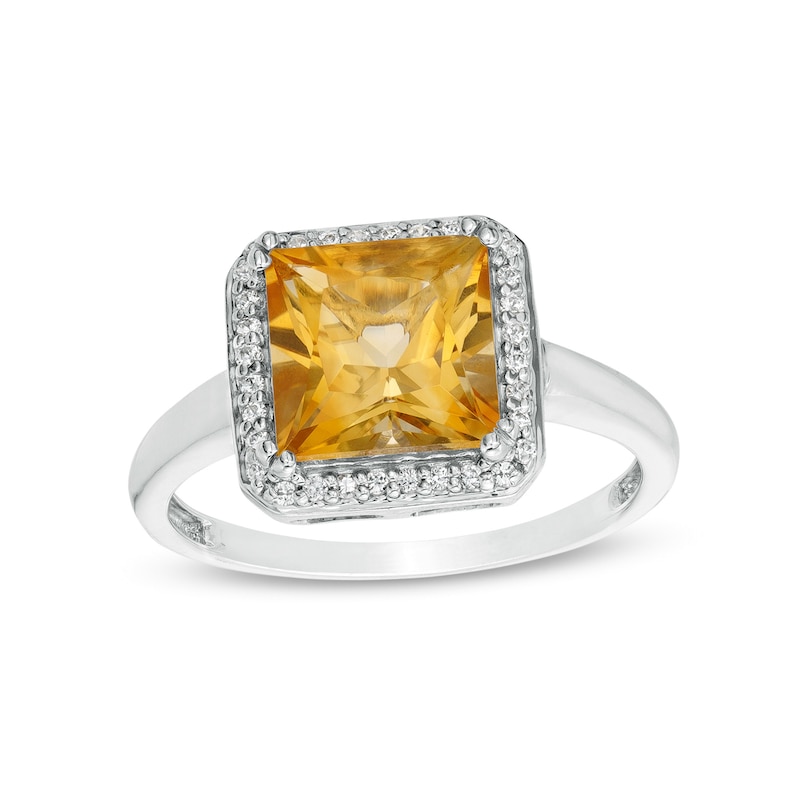 8.0mm Princess-Cut Citrine and 0.13 CT. T.W. Diamond Octagonal Frame Ring in 10K White Gold