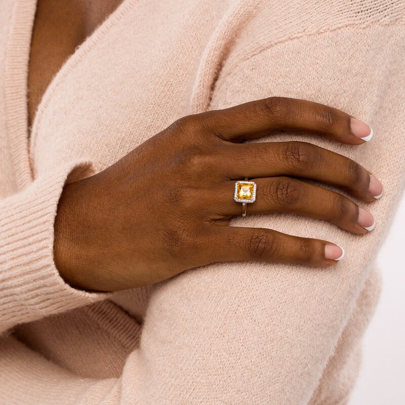 8.0mm Princess-Cut Citrine and 0.13 CT. T.W. Diamond Octagonal Frame Ring in 10K White Gold