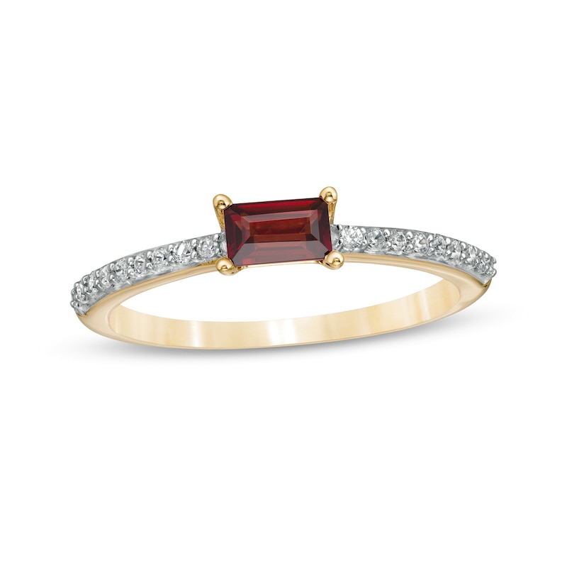 Sideways Baguette Garnet and 0.12 CT. T.W. Diamond Stackable Ring in 10K Gold