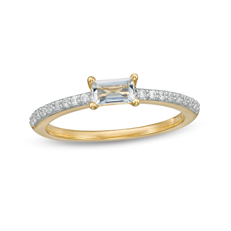 Sideways Baguette Aquamarine and 0.12 CT. T.W. Diamond Stackable Ring in 10K Gold