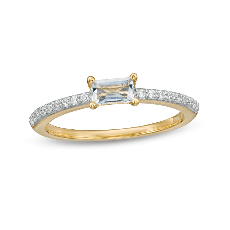 Main Image 1 of Sideways Baguette Aquamarine and 0.12 CT. T.W. Diamond Stackable Ring in 10K Gold