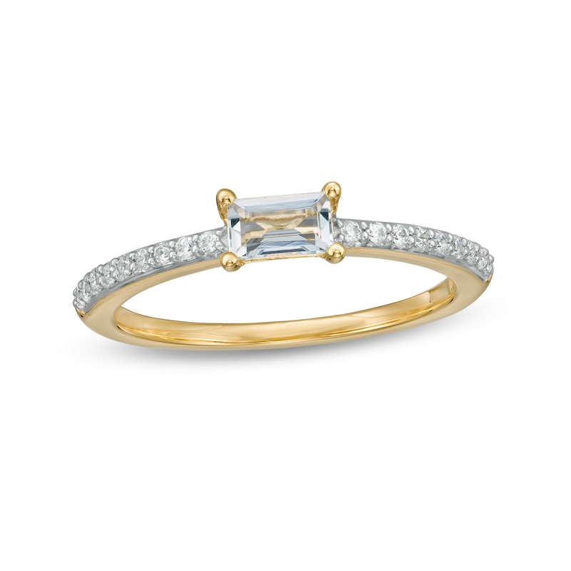 Sideways Baguette Aquamarine and 0.12 CT. T.W. Diamond Stackable Ring in 10K Gold|Peoples Jewellers