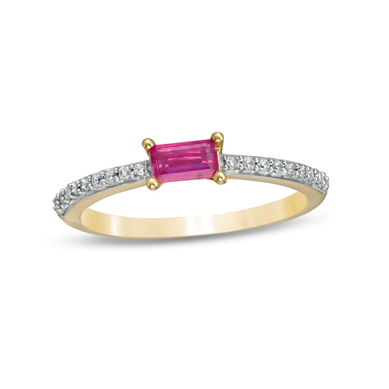 Sideways Baguette Ruby and 0.12 CT. T.W. Diamond Stackable Ring in 10K Gold|Peoples Jewellers