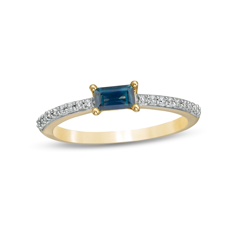 Sideways Baguette Blue Sapphire and 0.12 CT. T.W. Diamond Stackable Ring in 10K Gold