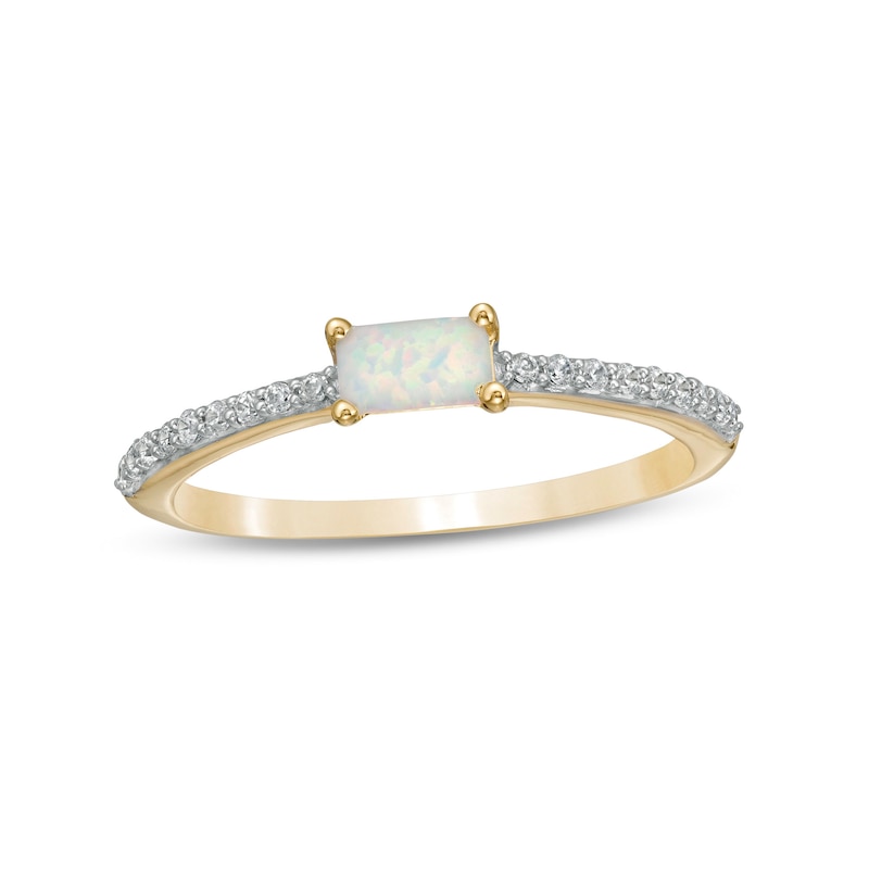 Sideways Baguette Lab-Created Opal Cabochon and 0.12 CT. T.W. Diamond Stackable Ring in 10K Gold