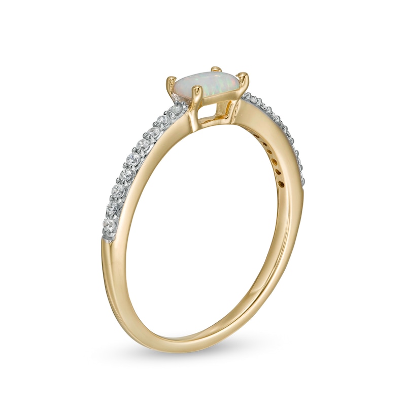 Sideways Baguette Lab-Created Opal Cabochon and 0.12 CT. T.W. Diamond Stackable Ring in 10K Gold
