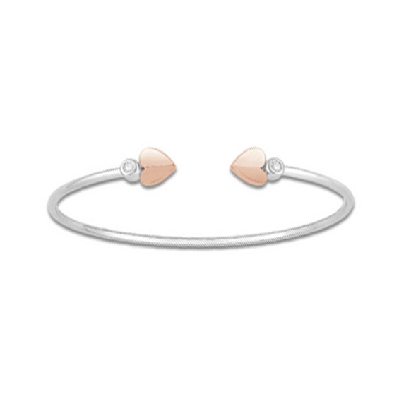 0.09 CT. T.W. Diamond Double Heart Open Bangle in Sterling Silver and 10K Rose Gold