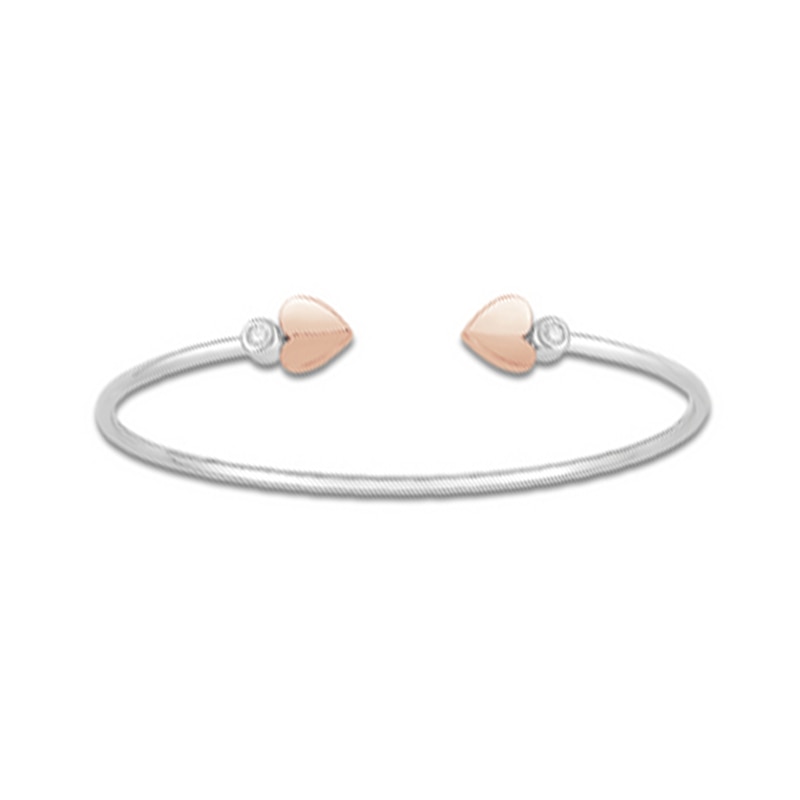 0.09 CT. T.W. Diamond Double Heart Open Bangle in Sterling Silver and 10K Rose Gold