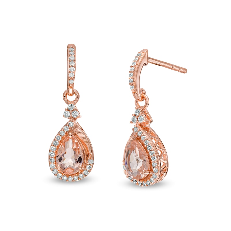 Pear-Shaped Morganite and 0.145 CT. T.W. Diamond Frame Tri-Top Teardrop Earrings in 10K Rose Gold|Peoples Jewellers