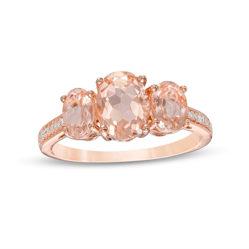 Oval Morganite and 0.04 CT. T.W. Diamond Three Stone Ring in 10K Rose Gold
