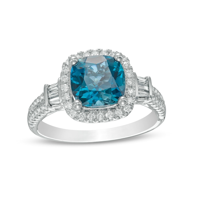 Cushion-Cut London Blue Topaz and 0.45 CT. T.W. Baguette and Round Diamond Frame Tri-Sides Ring in 14K  White Gold