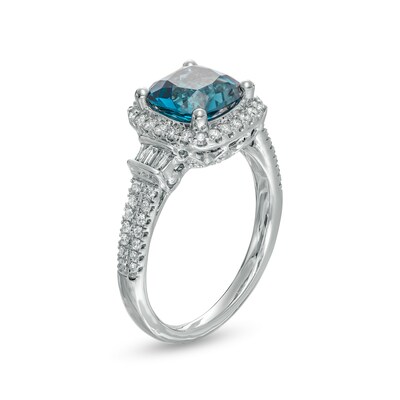 Cushion-Cut London Blue Topaz and 0.45 CT. T.W. Baguette and Round Diamond Frame Tri-Sides Ring in 14K  White Gold