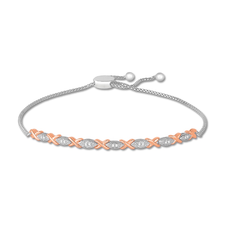 0.09 CT. T.W. Diamond Alternating "X" Bolo Bracelet in Sterling Silver and 10K Rose Gold – 9.5"|Peoples Jewellers