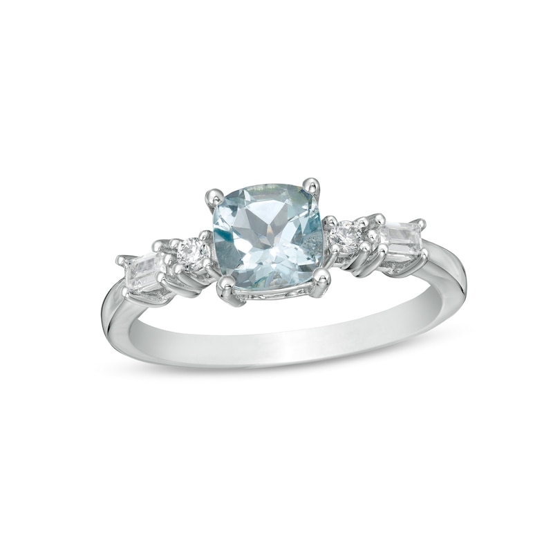 6.0mm Cushion-Cut Aquamarine and 0.15 CT. T.W. Baguette and Round Diamond Side Accent Ring in 14K White Gold