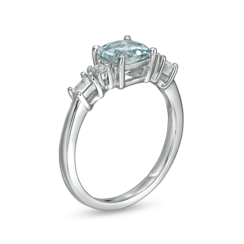 6.0mm Cushion-Cut Aquamarine and 0.15 CT. T.W. Baguette and Round Diamond Side Accent Ring in 14K White Gold