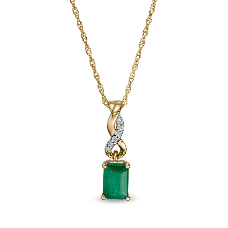 Main Image 1 of Emerald-Cut Emerald and Diamond Accent Twist Drop Pendant in 14K Gold