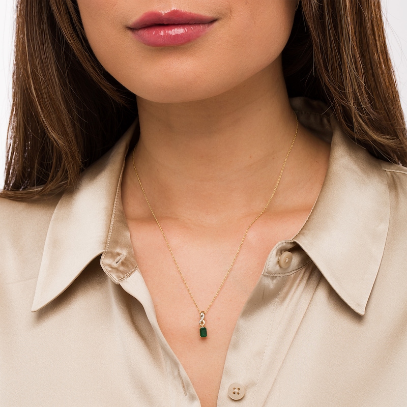 Main Image 2 of Emerald-Cut Emerald and Diamond Accent Twist Drop Pendant in 14K Gold