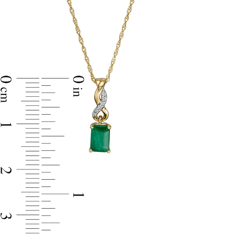 Main Image 3 of Emerald-Cut Emerald and Diamond Accent Twist Drop Pendant in 14K Gold