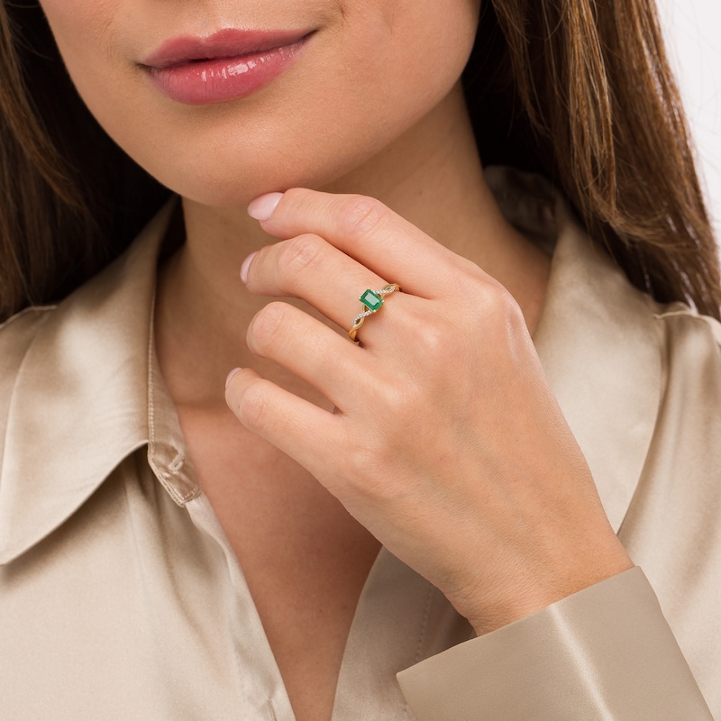 Emerald-Cut Emerald and 0.05 CT. T.W. Diamond Twist Shank Ring in 14K Gold