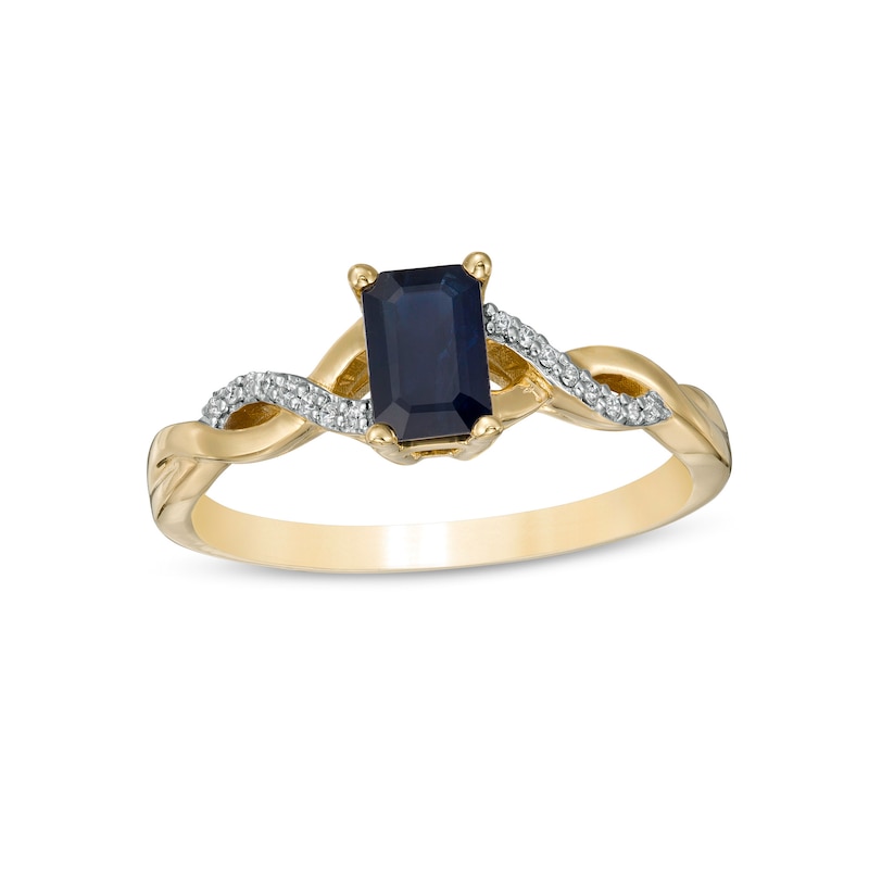 Emerald-Cut Blue Sapphire and 0.05 CT. T.W. Diamond Twist Shank Ring in 14K Gold