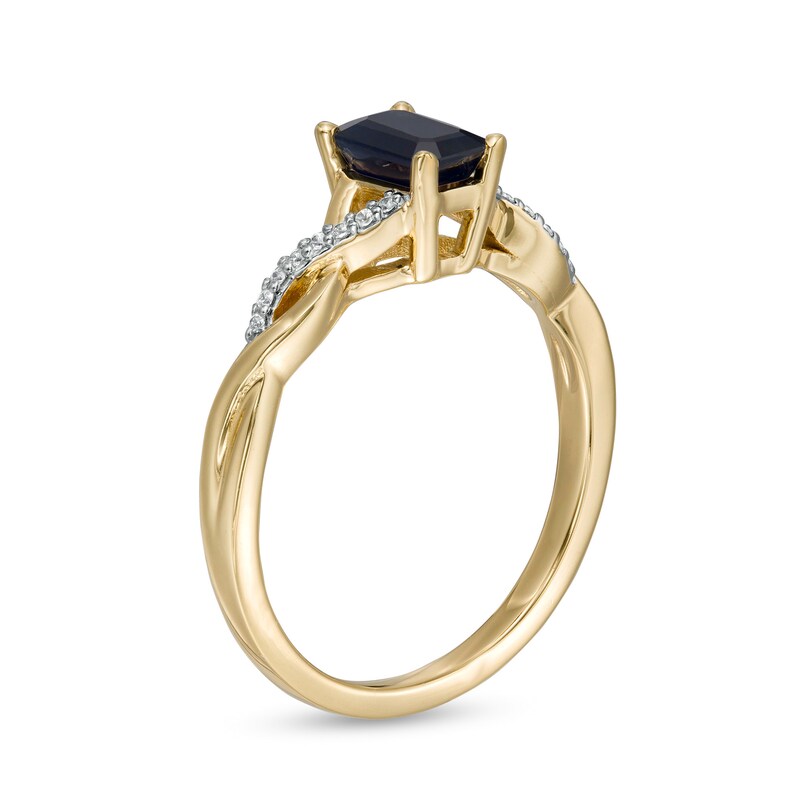 Emerald-Cut Blue Sapphire and 0.05 CT. T.W. Diamond Twist Shank Ring in 14K Gold