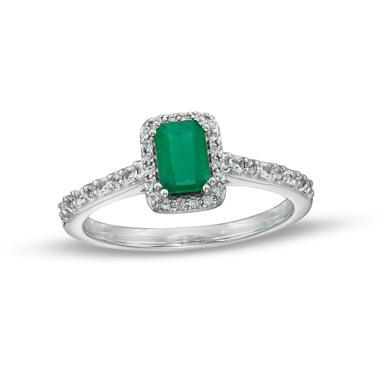 Emerald-Cut Emerald and 0.20 CT. T.W. Baguette and Round Diamond Frame Alternating Shank Ring in 14K White Gold
